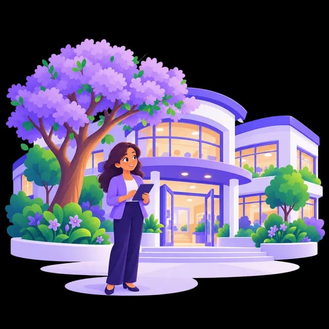 Directora con una tablet frente a un colegio moderno con un árbol de flores lavanda