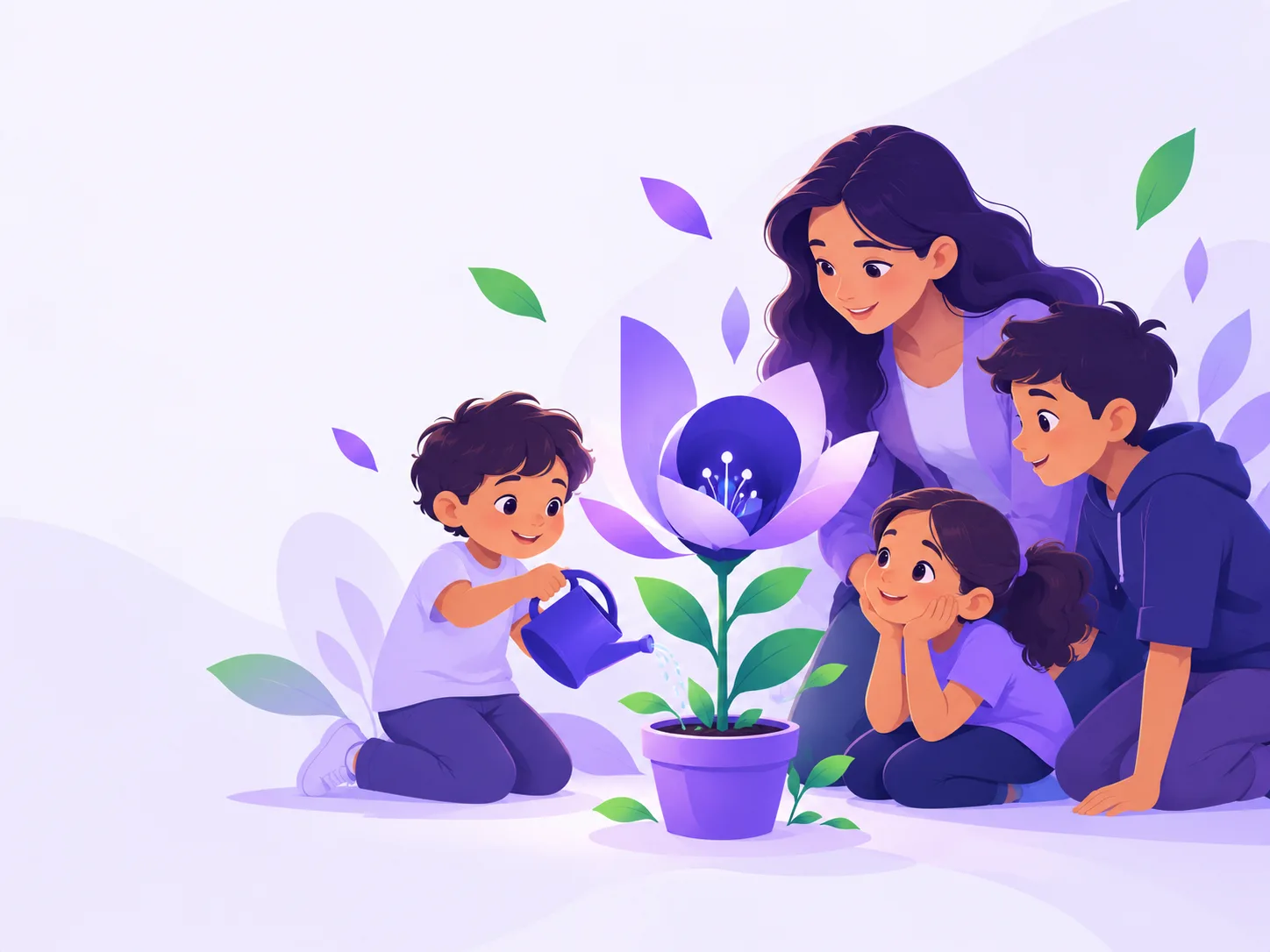 Una docente y tres niños riegan y observan una gran flor lavanda que crece en una maceta
